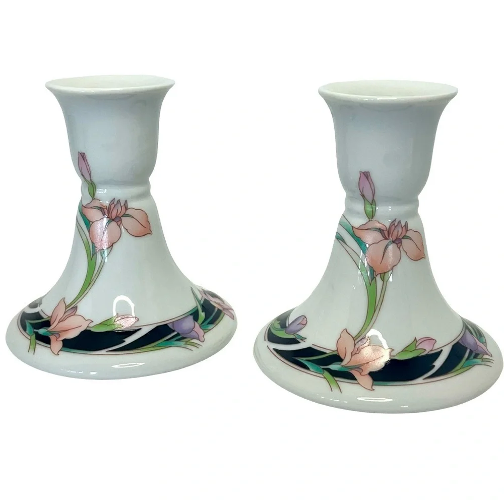 Pair of Vintage 1983 Wicks ’N’ Sticks Fiona Black Porcelain Candle Sticks